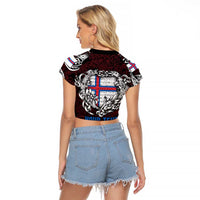 Personalized Faroe Islands Viking Blood Raglan Cropped T Shirt Nordic Runes and Shield of Ancestry in Tribal Knotwork