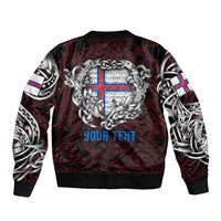 Personalized Faroe Islands Viking Blood Sleeve Zip Bomber Jacket Nordic Runes and Shield of Ancestry in Tribal Knotwork