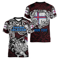 Personalized Faroe Islands Viking Blood Women V-Neck T-Shirt Nordic Runes and Shield of Ancestry in Tribal Knotwork