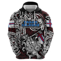 Personalized Faroe Islands Viking Blood Zip Hoodie Nordic Runes and Shield of Ancestry in Tribal Knotwork