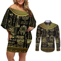 Egypt Pharaoh Couples Matching Off Shoulder Short Dress and Long Sleeve Button Shirts Egyptian Hieroglyphs and Symbols - Wonder Print Shop
