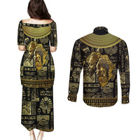 Egypt Pharaoh Couples Matching Puletasi Dress and Long Sleeve Button Shirts Egyptian Hieroglyphs and Symbols - Wonder Print Shop