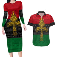 Pan African Ankh Couples Matching Long Sleeve Bodycon Dress and Hawaiian Shirt - Wonder Print Shop