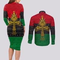 Pan African Ankh Couples Matching Long Sleeve Bodycon Dress and Long Sleeve Button Shirts - Wonder Print Shop