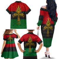 Pan African Ankh Family Matching Off Shoulder Long Sleeve Dress and Hawaiian Shirt - Wonder Print Shop