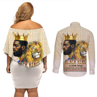 Lion Black King Couples Matching Off Shoulder Short Dress and Long Sleeve Button Shirt African Heritage - Wonder Print Shop