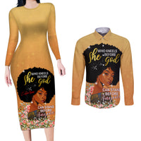 Personalized African Black Women Couples Matching Long Sleeve Bodycon Dress and Long Sleeve Button Shirt She Who Kneels Before God - Wonder Print Shop