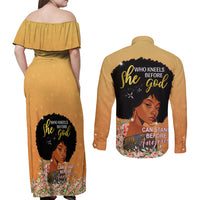 Personalized African Black Women Couples Matching Off Shoulder Maxi Dress and Long Sleeve Button Shirt She Who Kneels Before God - Wonder Print Shop