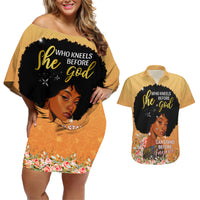 Personalized African Black Women Couples Matching Off Shoulder Short Dress and Hawaiian Shirt She Who Kneels Before God - Wonder Print Shop