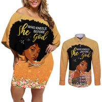 Personalized African Black Women Couples Matching Off Shoulder Short Dress and Long Sleeve Button Shirt She Who Kneels Before God - Wonder Print Shop