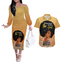 Personalized African Black Women Couples Matching Off The Shoulder Long Sleeve Dress and Hawaiian Shirt She Who Kneels Before God - Wonder Print Shop