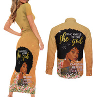Personalized African Black Women Couples Matching Short Sleeve Bodycon Dress and Long Sleeve Button Shirt She Who Kneels Before God - Wonder Print Shop
