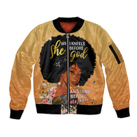 Personalized African Black Women Sleeve Zip Bomber Jacket She Who Kneels Before God - Wonder Print Shop