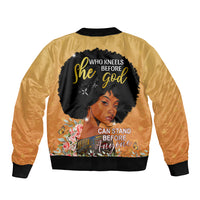 Personalized African Black Women Sleeve Zip Bomber Jacket She Who Kneels Before God - Wonder Print Shop