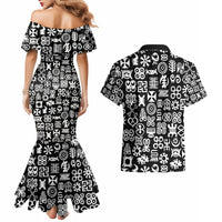 Mix Adinkra Couples Matching Mermaid Dress and Hawaiian Shirt Black Pattern - Wonder Print Shop