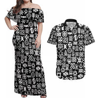 Mix Adinkra Couples Matching Off Shoulder Maxi Dress and Hawaiian Shirt Black Pattern - Wonder Print Shop