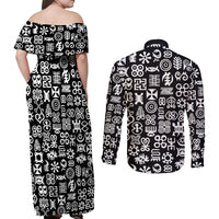Mix Adinkra Couples Matching Off Shoulder Maxi Dress and Long Sleeve Button Shirt Black Pattern - Wonder Print Shop