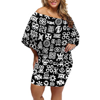 Mix Adinkra Family Matching Off Shoulder Short Dress and Hawaiian Shirt Black Pattern - Wonder Print Shop