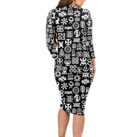 Mix Adinkra Long Sleeve Bodycon Dress Black Pattern - Wonder Print Shop