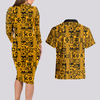 Culture Adinkra Couples Matching Long Sleeve Bodycon Dress and Hawaiian Shirt West African Yellow Art - Wonder Print Shop