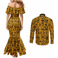 Culture Adinkra Couples Matching Mermaid Dress and Long Sleeve Button Shirt West African Yellow Art