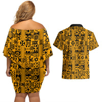 Culture Adinkra Couples Matching Off Shoulder Short Dress and Hawaiian Shirt West African Yellow Art - Wonder Print Shop