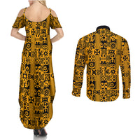 Culture Adinkra Couples Matching Summer Maxi Dress and Long Sleeve Button Shirt West African Yellow Art - Wonder Print Shop