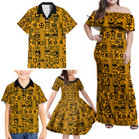 Culture Adinkra Family Matching Off Shoulder Maxi Dress and Hawaiian Shirt West African Yellow Art - Wonder Print Shop