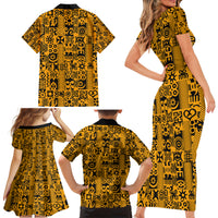 Culture Adinkra Family Matching Short Sleeve Bodycon Dress and Hawaiian Shirt West African Yellow Art - Wonder Print Shop