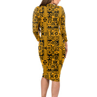 Culture Adinkra Long Sleeve Bodycon Dress West African Yellow Art - Wonder Print Shop