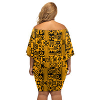 Culture Adinkra Off Shoulder Short Dress West African Yellow Art - Wonder Print Shop