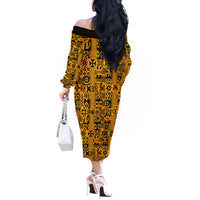 Culture Adinkra Off The Shoulder Long Sleeve Dress West African Yellow Art - Wonder Print Shop