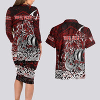 Blood Flows to Valhalla Couples Matching Long Sleeve Bodycon Dress and Hawaiian Shirt Viking Longship Nordic Knotwork - Dark Mythology