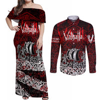 Blood Flows to Valhalla Couples Matching Off Shoulder Maxi Dress and Long Sleeve Button Shirt Viking Longship Nordic Knotwork - Dark Mythology