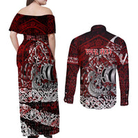 Blood Flows to Valhalla Couples Matching Off Shoulder Maxi Dress and Long Sleeve Button Shirt Viking Longship Nordic Knotwork - Dark Mythology