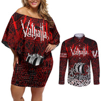 Blood Flows to Valhalla Couples Matching Off Shoulder Short Dress and Long Sleeve Button Shirt Viking Longship Nordic Knotwork - Dark Mythology