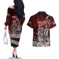 Blood Flows to Valhalla Couples Matching Off The Shoulder Long Sleeve Dress and Hawaiian Shirt Viking Longship Nordic Knotwork - Dark Mythology