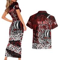 Blood Flows to Valhalla Couples Matching Short Sleeve Bodycon Dress and Hawaiian Shirt Viking Longship Nordic Knotwork - Dark Mythology
