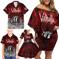 Blood Flows to Valhalla Family Matching Off Shoulder Short Dress and Hawaiian Shirt Viking Longship Nordic Knotwork - Dark Mythology