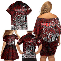 Blood Flows to Valhalla Family Matching Off Shoulder Short Dress and Hawaiian Shirt Viking Longship Nordic Knotwork - Dark Mythology
