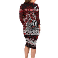 Blood Flows to Valhalla Long Sleeve Bodycon Dress Viking Longship Nordic Knotwork - Dark Mythology