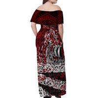 Blood Flows to Valhalla Off Shoulder Maxi Dress Viking Longship Nordic Knotwork - Dark Mythology