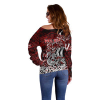 Blood Flows to Valhalla Off Shoulder Sweater Viking Longship Nordic Knotwork - Dark Mythology