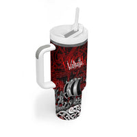 Blood Flows to Valhalla Tumbler With Handle Viking Longship Nordic Knotwork - Dark Mythology