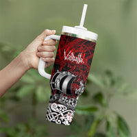 Blood Flows to Valhalla Tumbler With Handle Viking Longship Nordic Knotwork - Dark Mythology