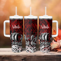 Blood Flows to Valhalla Tumbler With Handle Viking Longship Nordic Knotwork - Dark Mythology