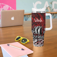 Blood Flows to Valhalla Tumbler With Handle Viking Longship Nordic Knotwork - Dark Mythology