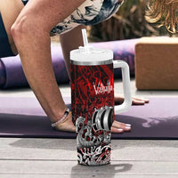 Blood Flows to Valhalla Tumbler With Handle Viking Longship Nordic Knotwork - Dark Mythology