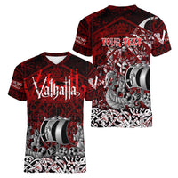 Blood Flows to Valhalla Women V-Neck T-Shirt Viking Longship Nordic Knotwork - Dark Mythology