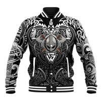 Scandinavian Viking Baseball Jacket Norse Warrior Sigil - Helmet and Battle Axes